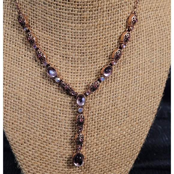 Vintage AVON Pink Glass Cabochon Y Drop Necklace Copper Filigree & Chain 22" - Picture 9 of 12